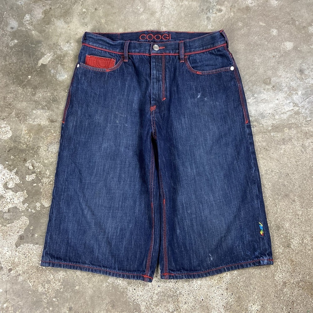 Vintage Coogi Jean Shorts Size 36 Blue Denim Dark Wash Baggy Fit Embroidered